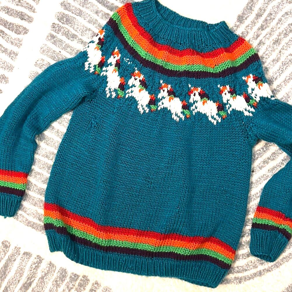 Hand Knitted unicorn sweater kids small Retro, Teal Rainbow Stripes cottage core